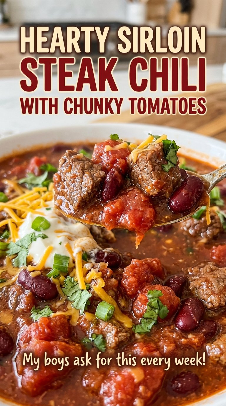 Hearty Sirloin Steak Chili with Chunky Tomatoes, tender and hearty