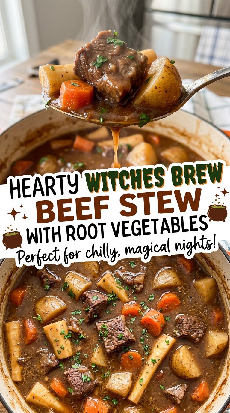 Hearty Witches Brew Beef Stew with Root Vegetables cozy rustic