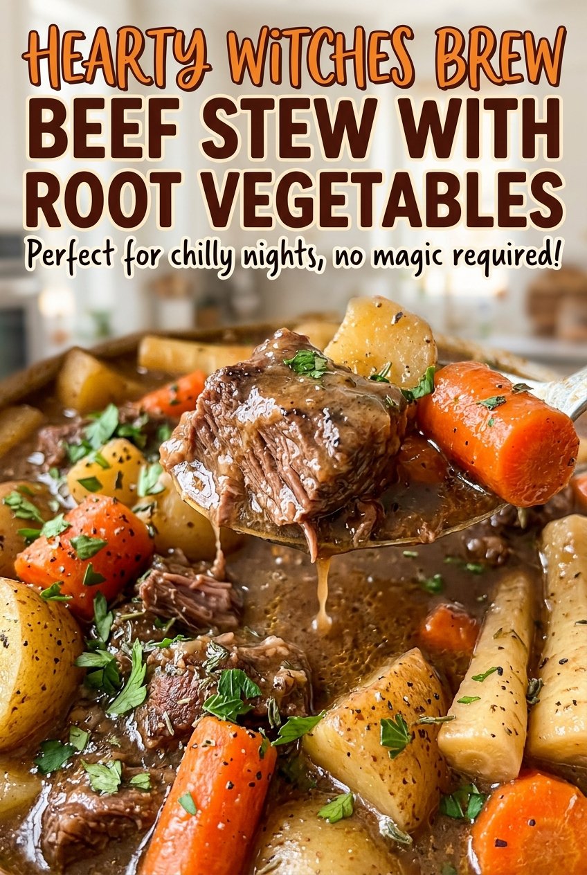 Hearty Witches Brew Beef Stew with Root Vegetables rustic colorful