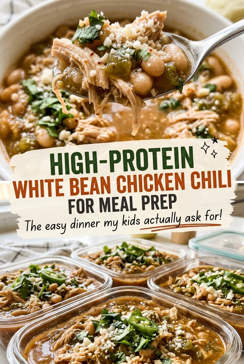 High-protein white bean chicken chili with tender shredded chicken