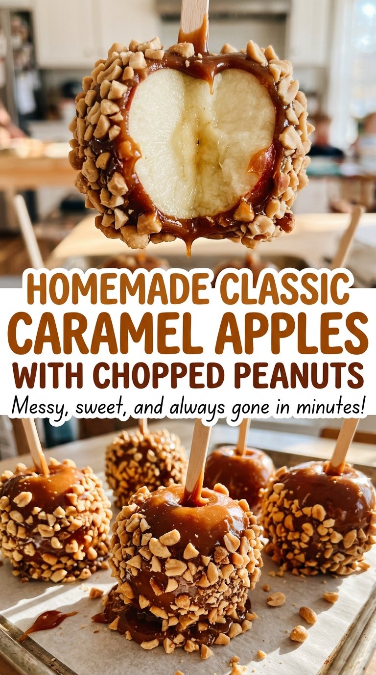 Homemade classic caramel apples with chopped peanuts, tart and glossy