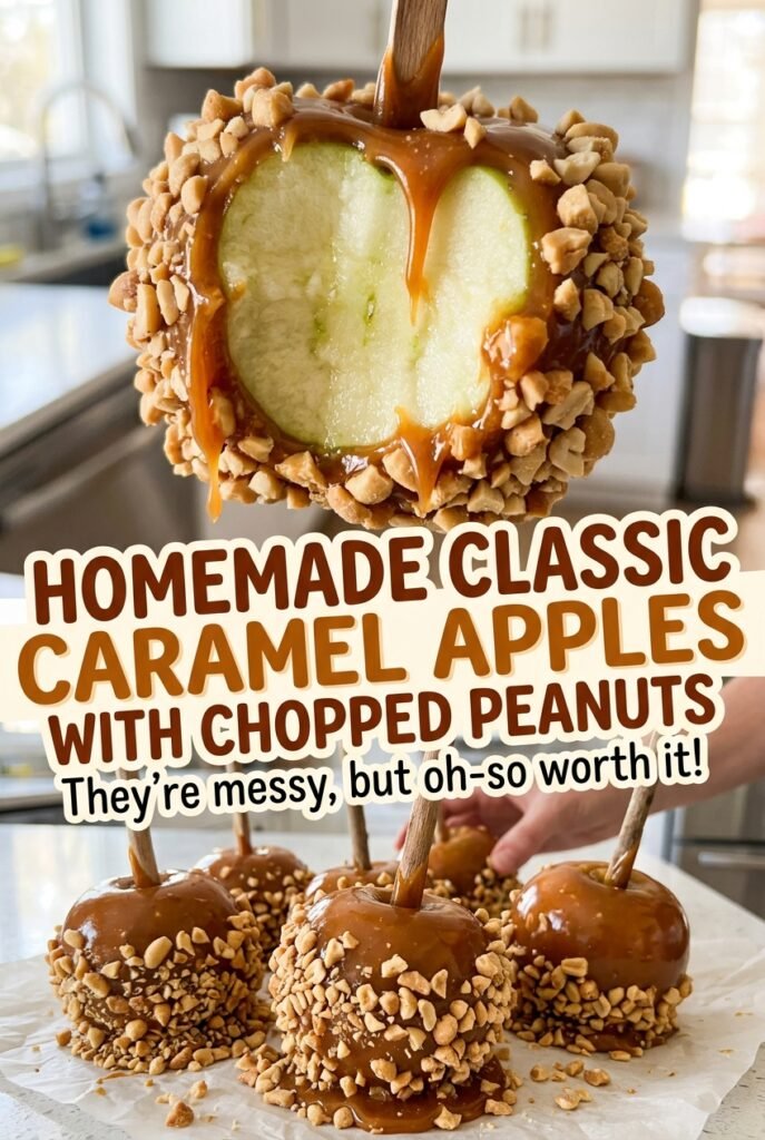 Homemade Classic Caramel Apples on a Stick with Chopped Peanuts