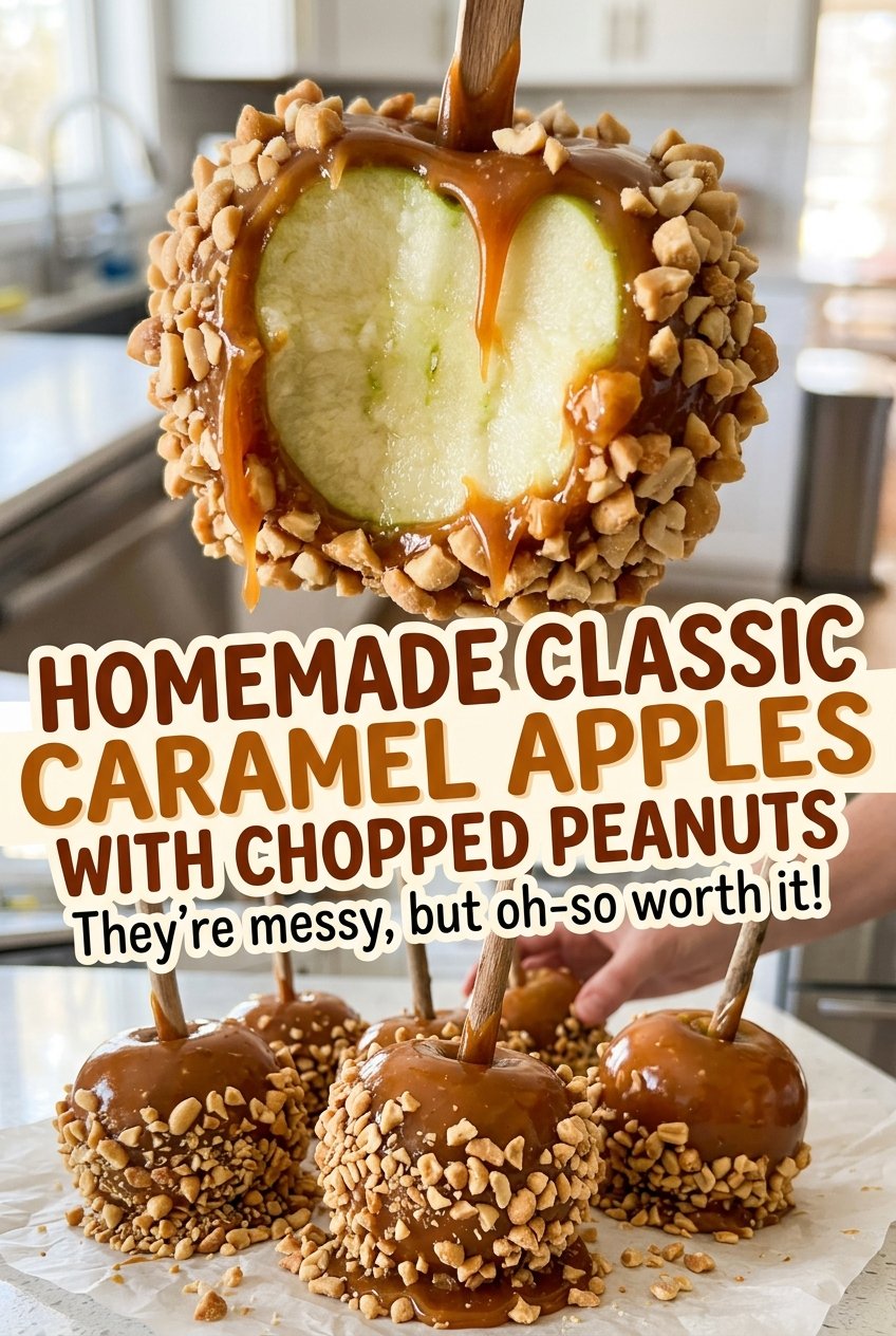 Homemade classic caramel apples on a stick with chopped peanuts, glossy and crunchy