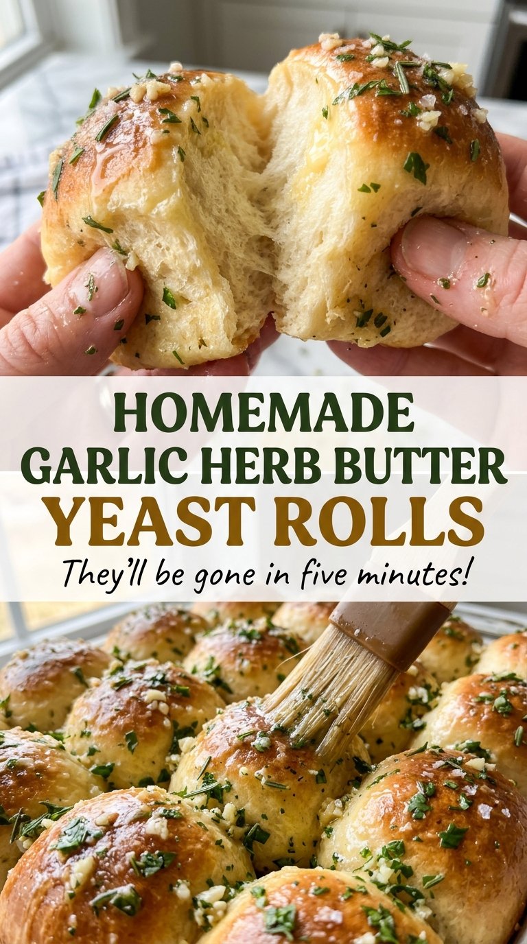 Homemade Garlic Herb Butter Yeast Rolls with golden tops and fluffy centers