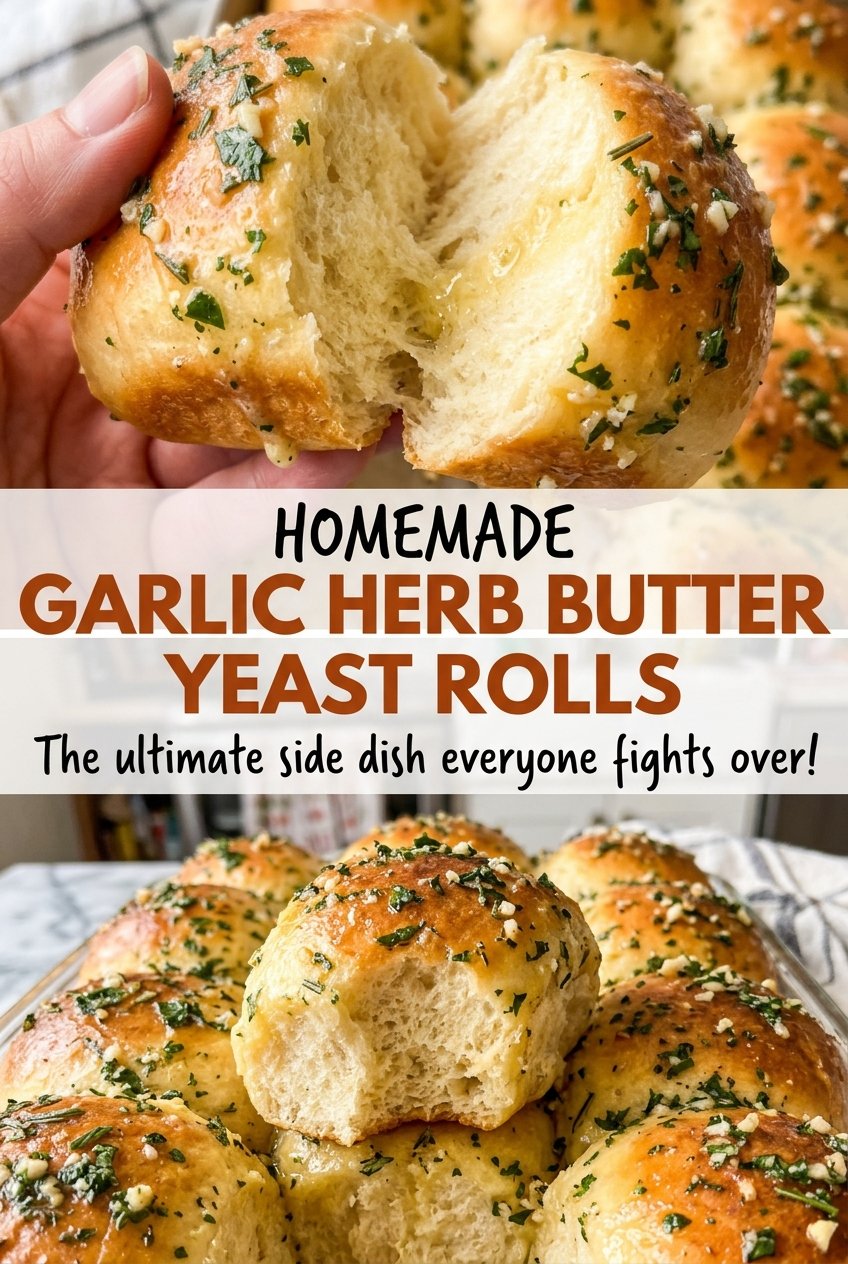 Homemade Garlic Herb Butter Yeast Rolls with golden tops and fluffy centers