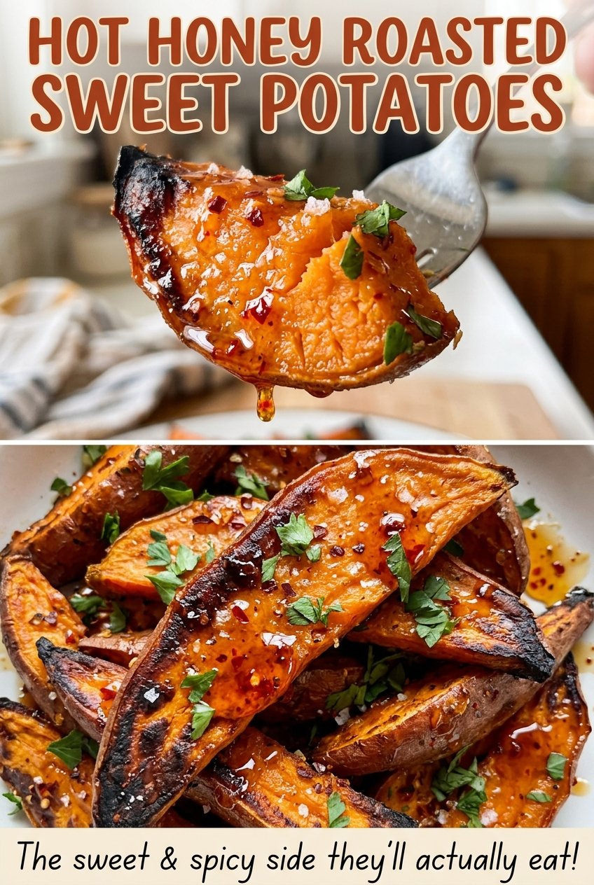 Hot honey roasted sweet potatoes browned tender cubes