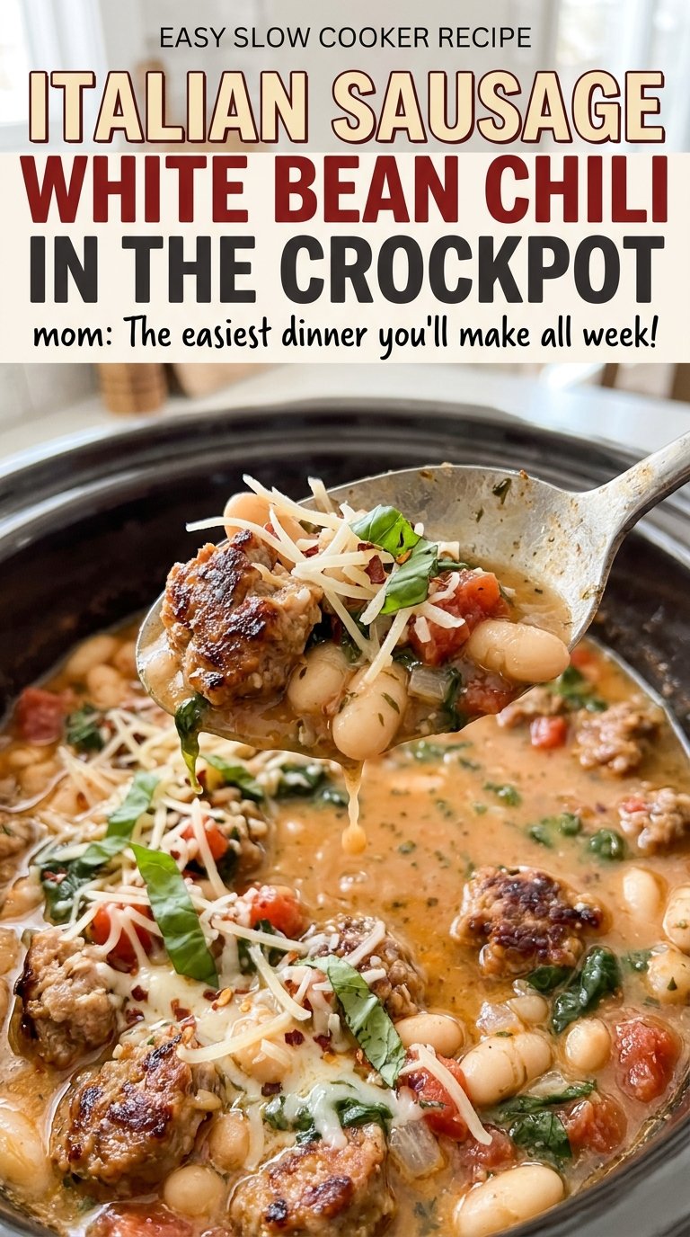 Italian Sausage White Bean Chili in the Crockpot, brothy and hearty