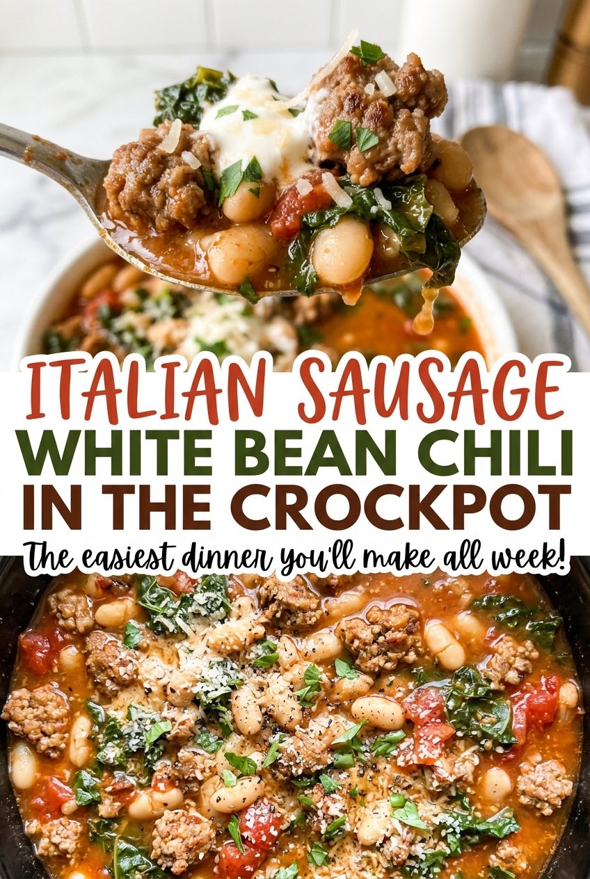 Italian Sausage White Bean Chili in the Crockpot, brothy and hearty