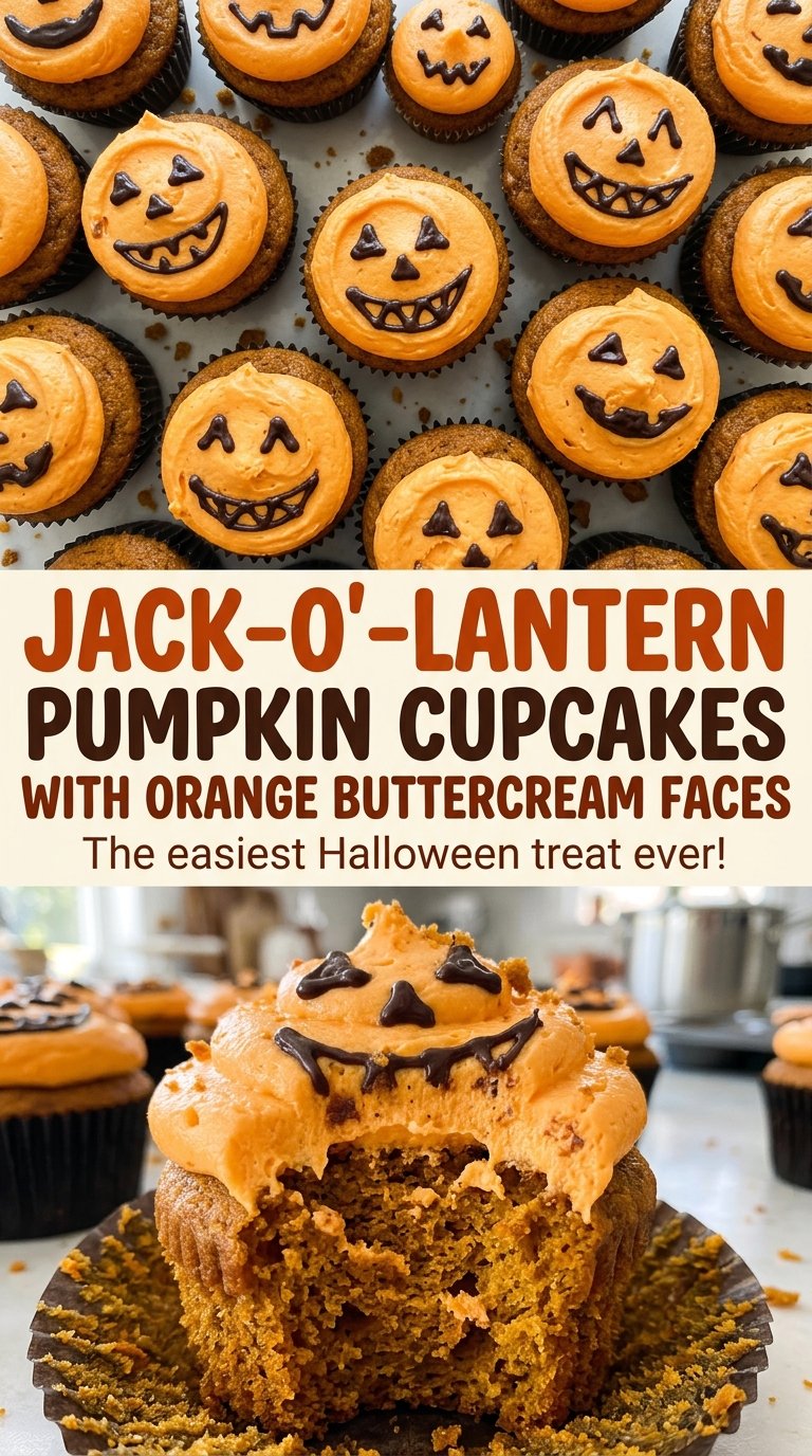 Jack-O'-Lantern Pumpkin Cupcakes with Orange Buttercream Faces, bright orange frosting