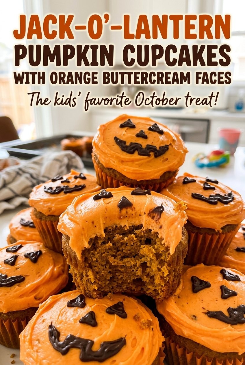 Jack-O'-Lantern Pumpkin Cupcakes with Orange Buttercream Faces, soft spiced crumb