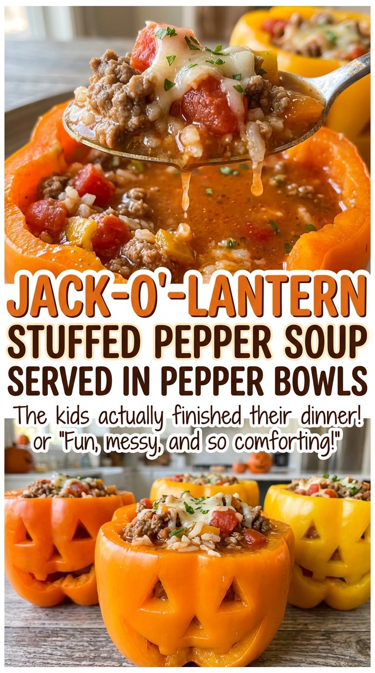 Jack-O'-Lantern Stuffed Pepper Soup Served in Pepper Bowls, hearty rice-filled soup