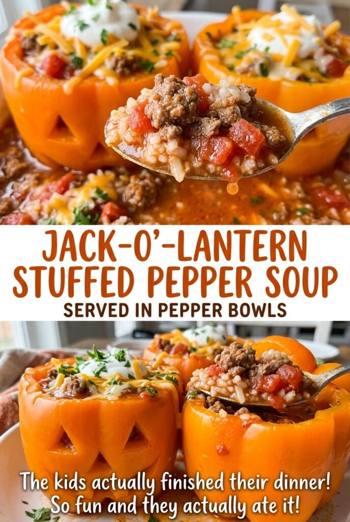 Jack-O’-Lantern Stuffed Pepper Soup Served in Pepper Bowls