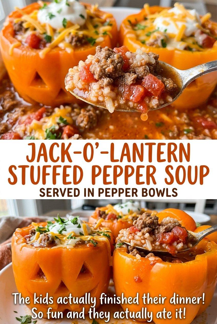 Jack-O'-Lantern Stuffed Pepper Soup Served in Pepper Bowls, carved orange bowls
