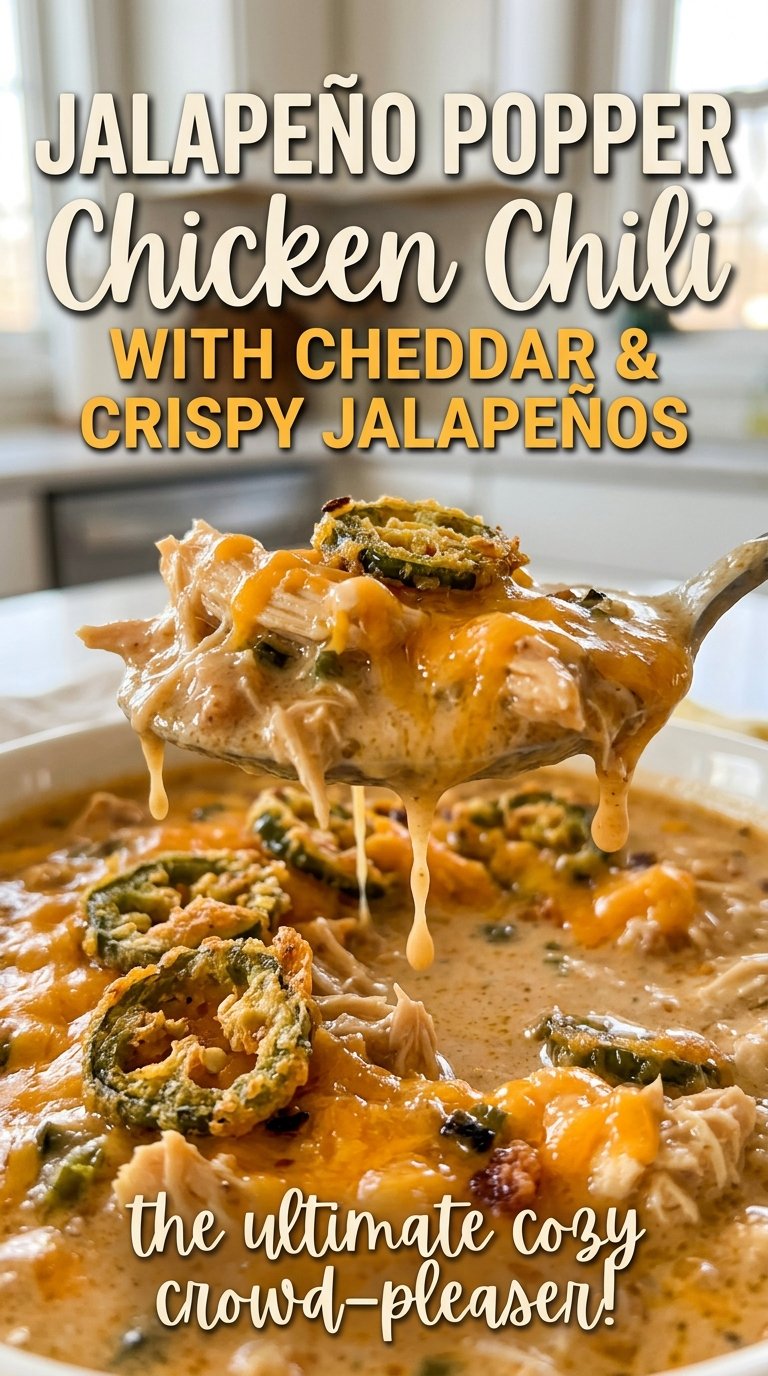 Jalapeno popper chicken chili with cheddar and crispy jalapenos, creamy and hearty