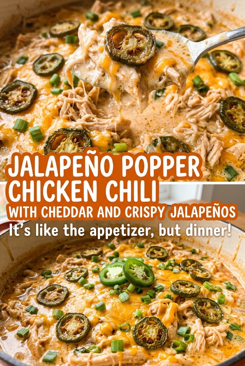 Jalapeno popper chicken chili with cheddar and crispy jalapenos, creamy and hearty