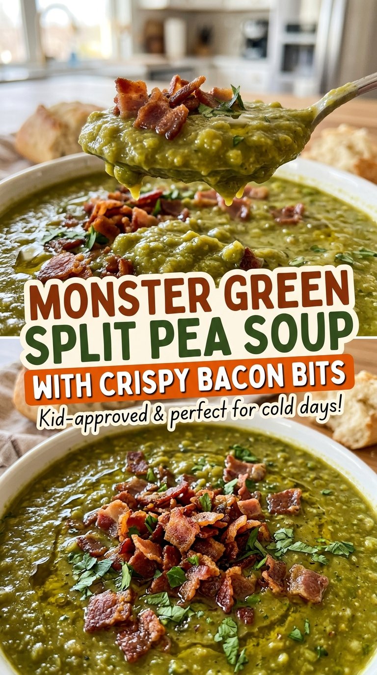 Monster Green Split Pea Soup with Crispy Bacon Bits, hearty and velvety