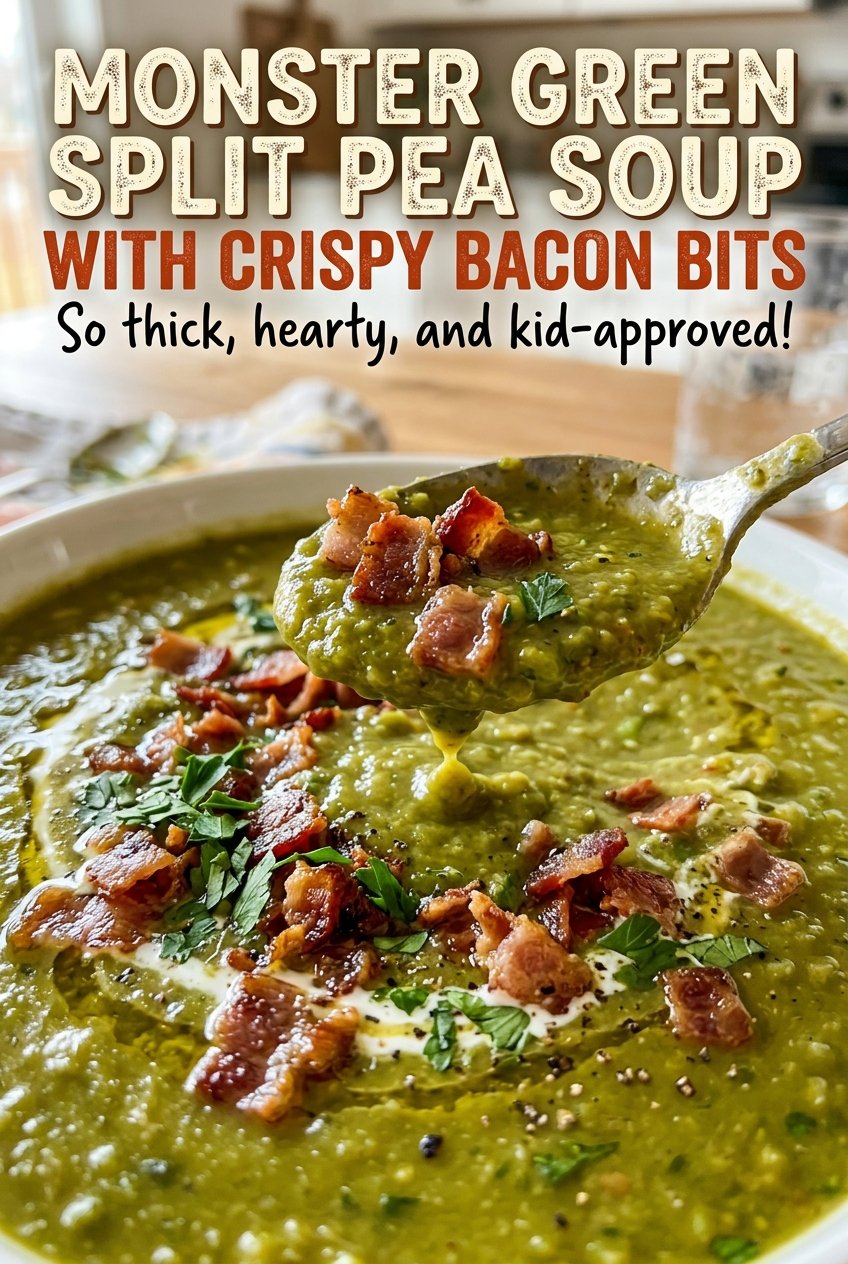 Monster Green Split Pea Soup with Crispy Bacon Bits, thick and smooth