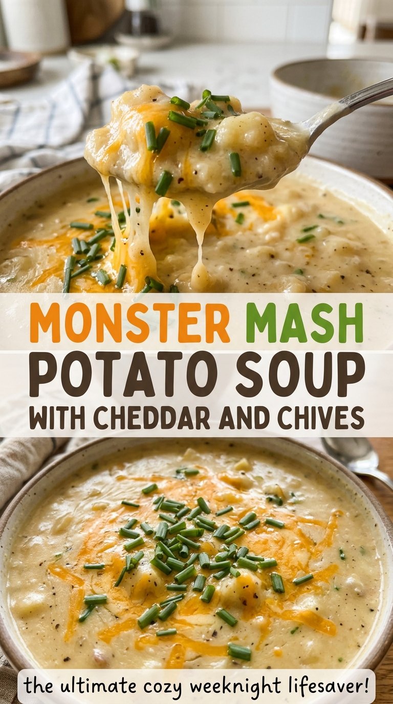 Monster Mash Potato Soup with Cheddar and Chives, cheesy and creamy