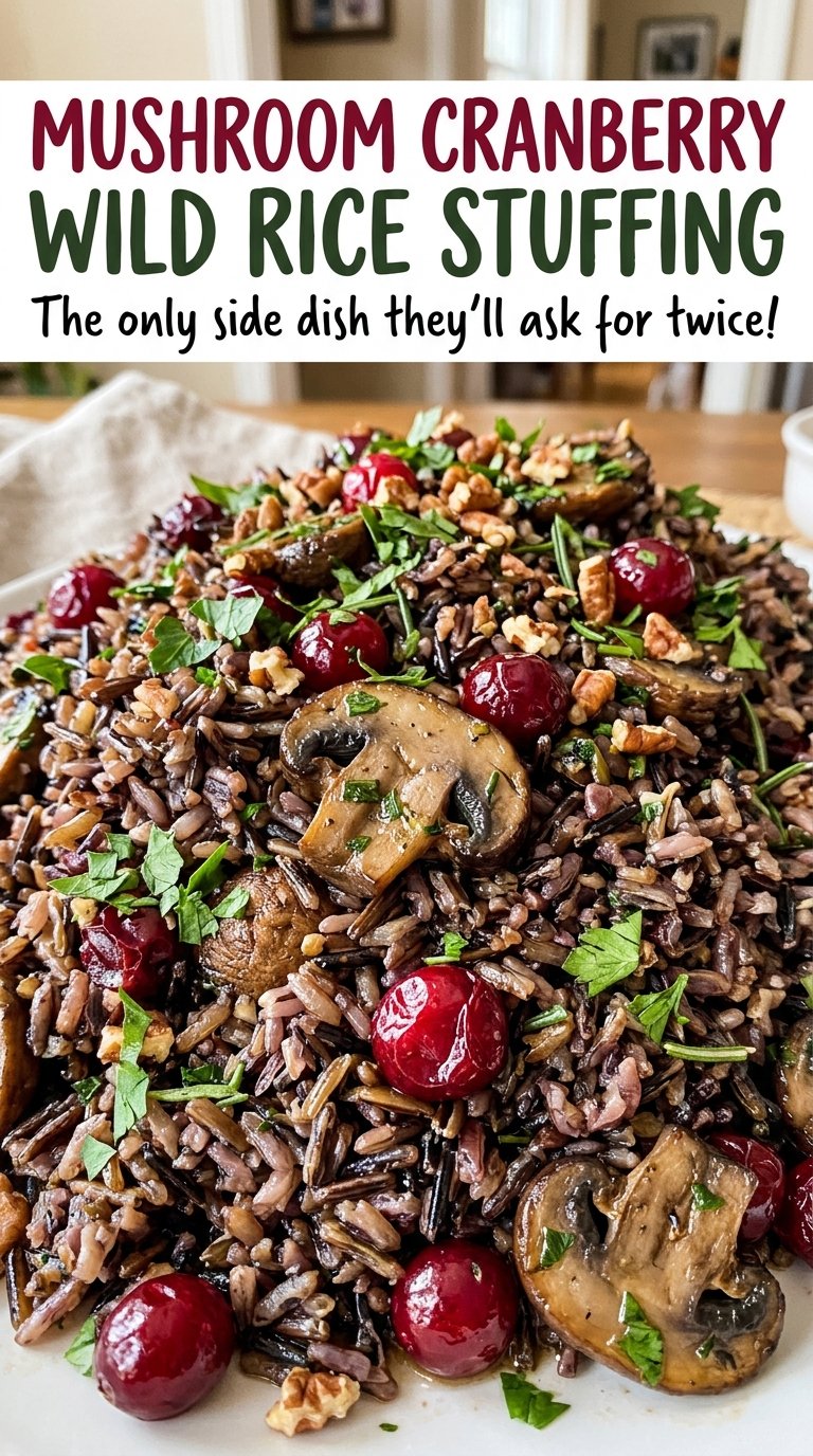 Mushroom Cranberry Wild Rice Stuffing with ruby cranberries and chopped pecans