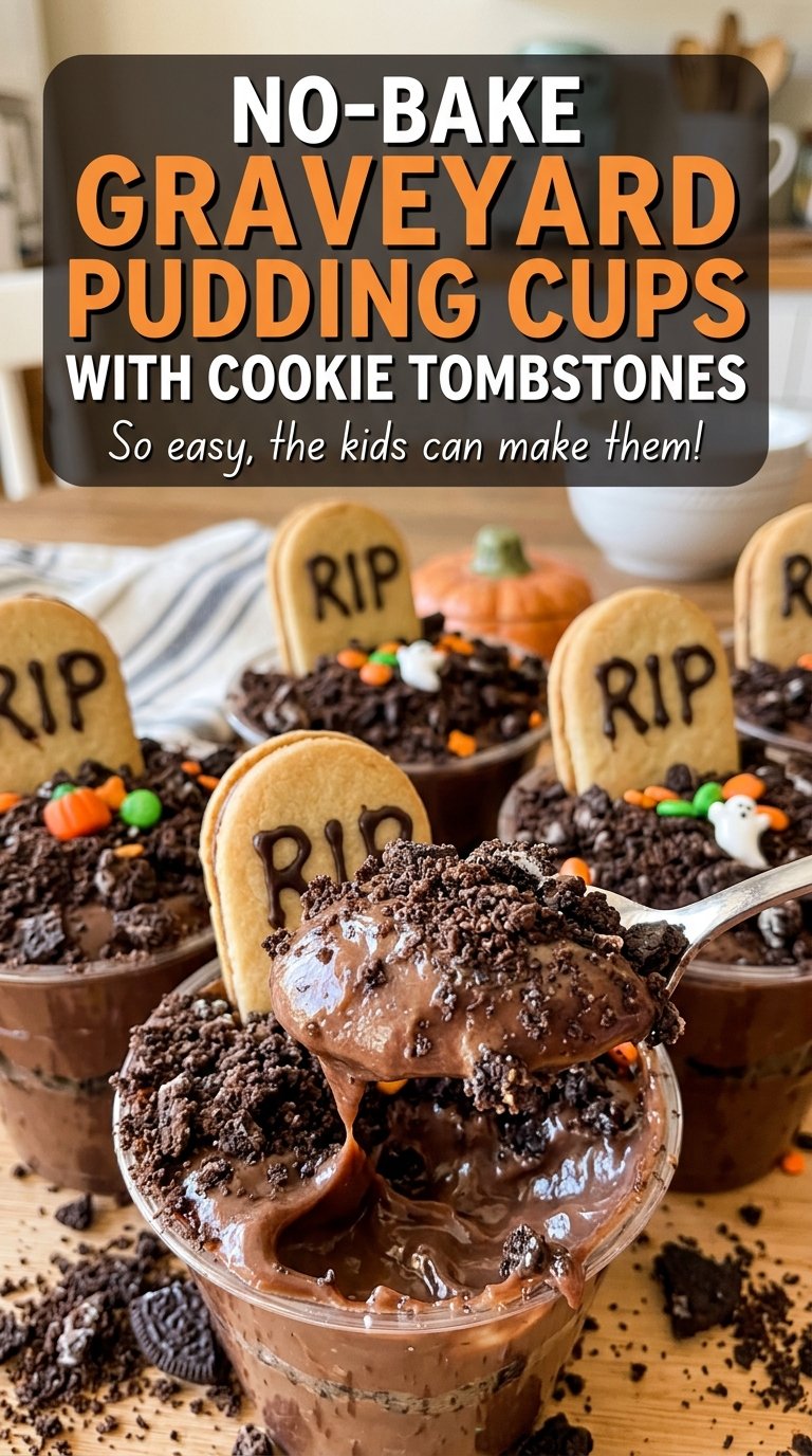 No-Bake Graveyard Pudding Cups with Cookie Tombstones chocolate cookie crumb