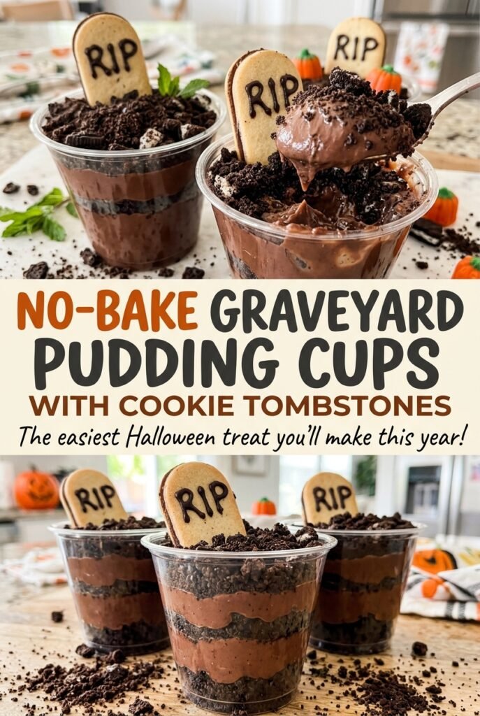 No-Bake Graveyard Pudding Cups with Cookie Tombstones