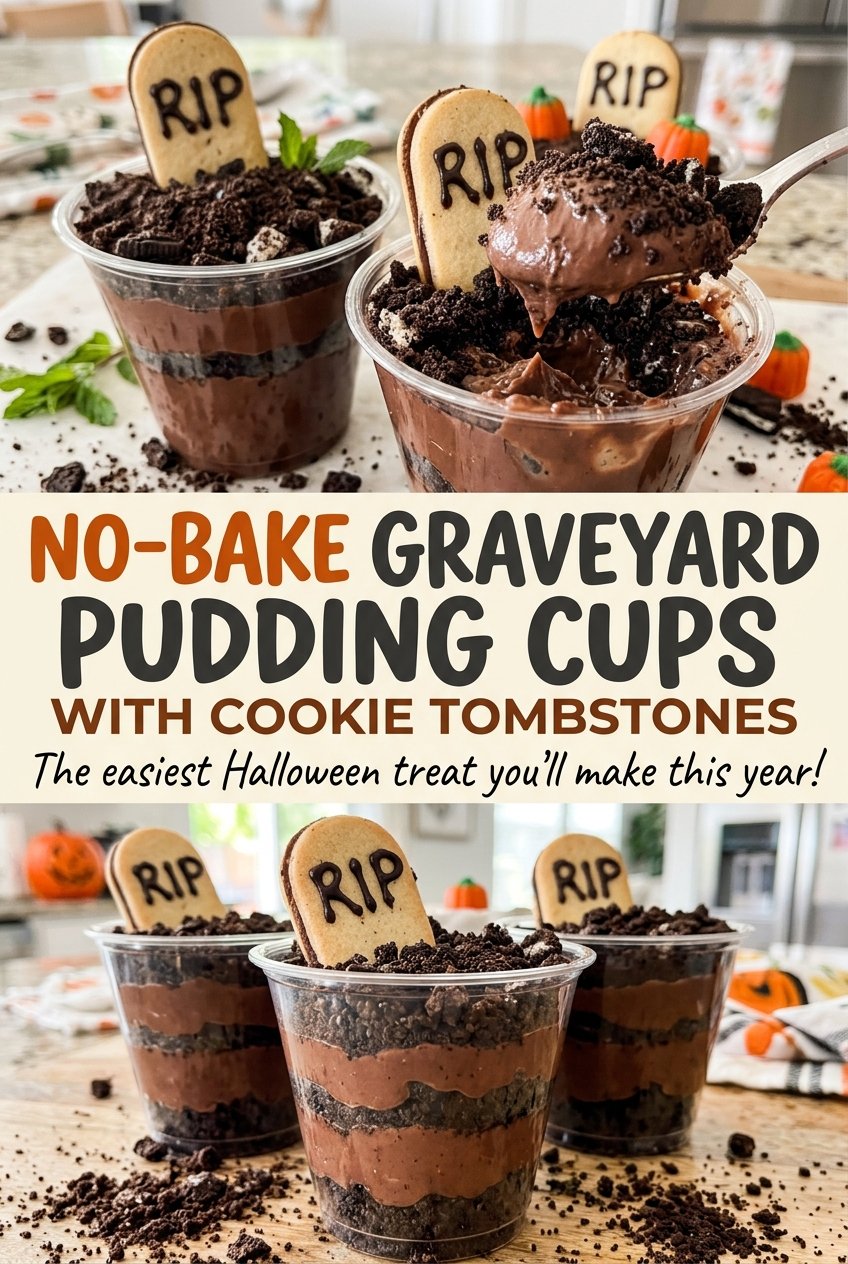 No-Bake Graveyard Pudding Cups with Cookie Tombstones spooky pudding cups