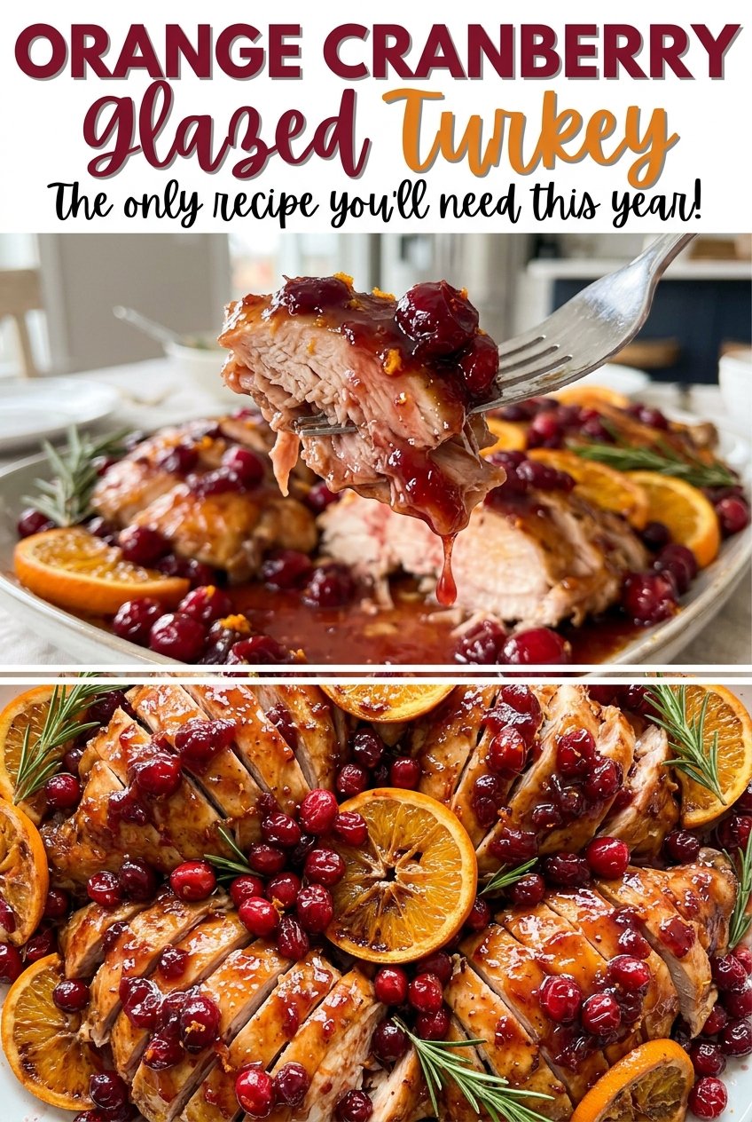 Orange Cranberry Glazed Turkey with glossy cranberry glaze