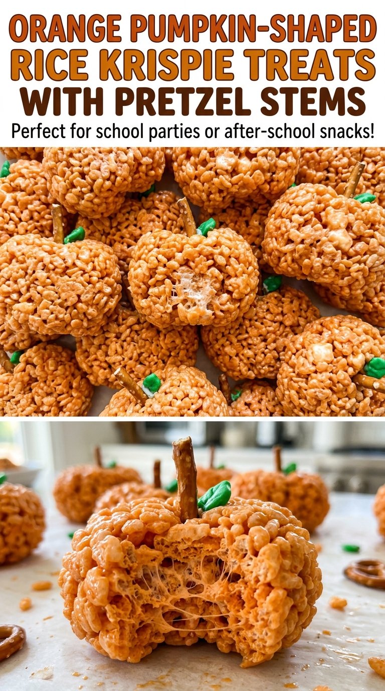 Orange pumpkin-shaped Rice Krispie treats with chewy centers and pretzel stems