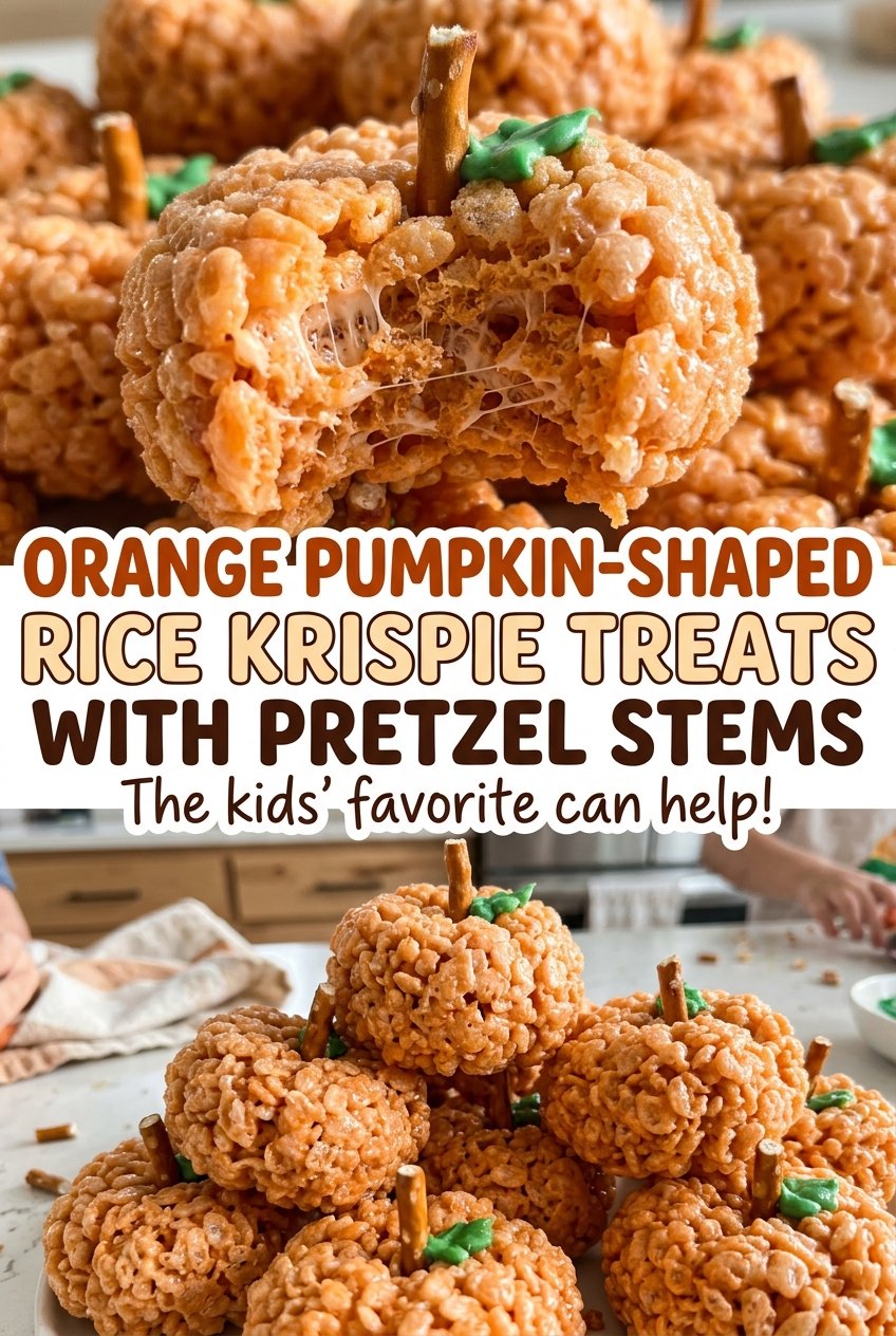 Orange pumpkin-shaped Rice Krispie treats with pretzel stems, bright orange and ridged