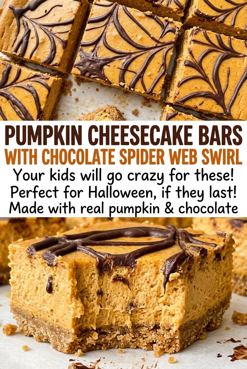 Pumpkin Cheesecake Bars with Chocolate Spider Web Swirl creamy pumpkin filling