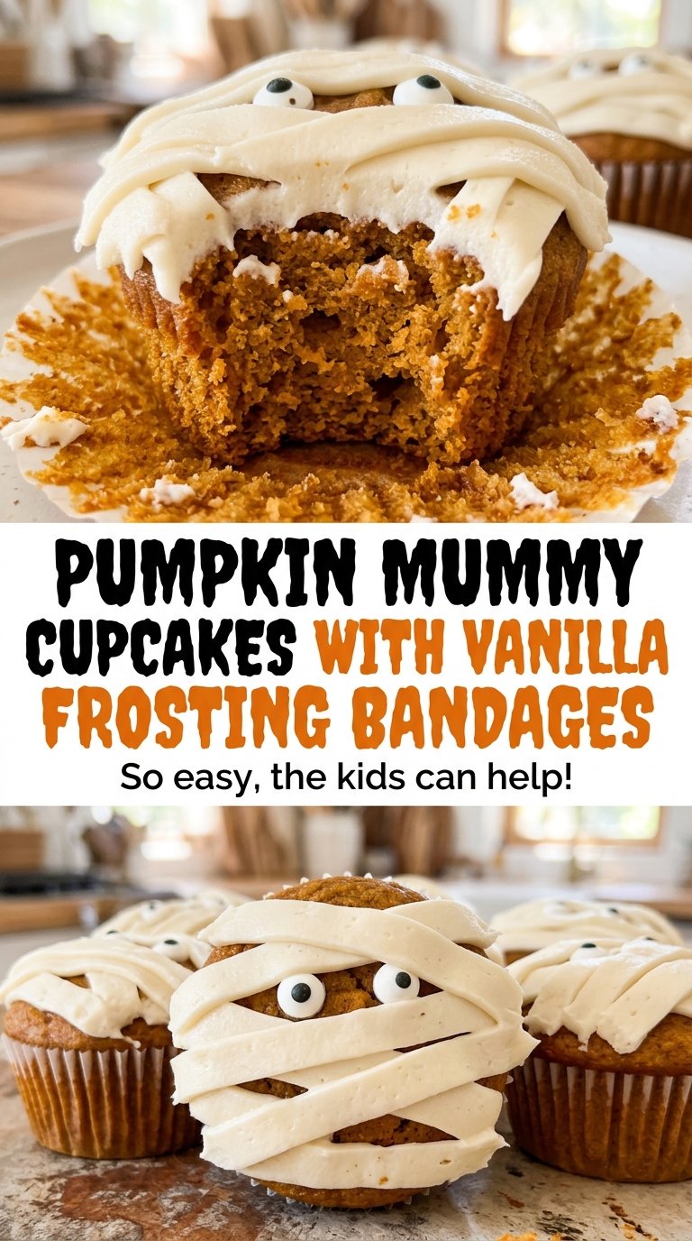 Pumpkin mummy cupcakes with orange cake and frosting
