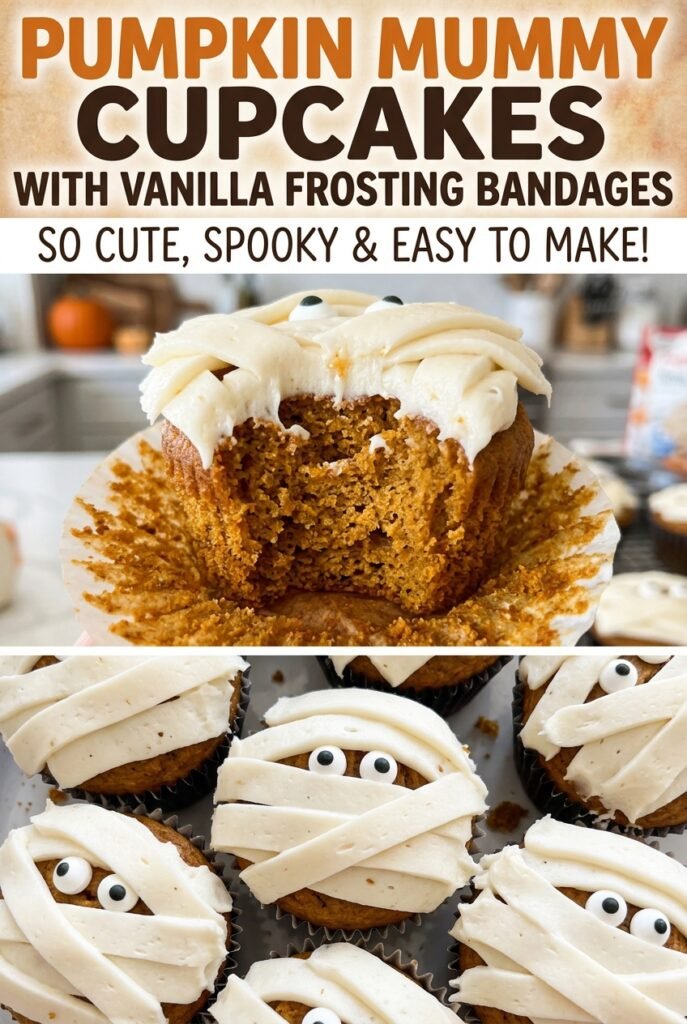 Pumpkin Mummy Cupcakes with Vanilla Frosting Bandages