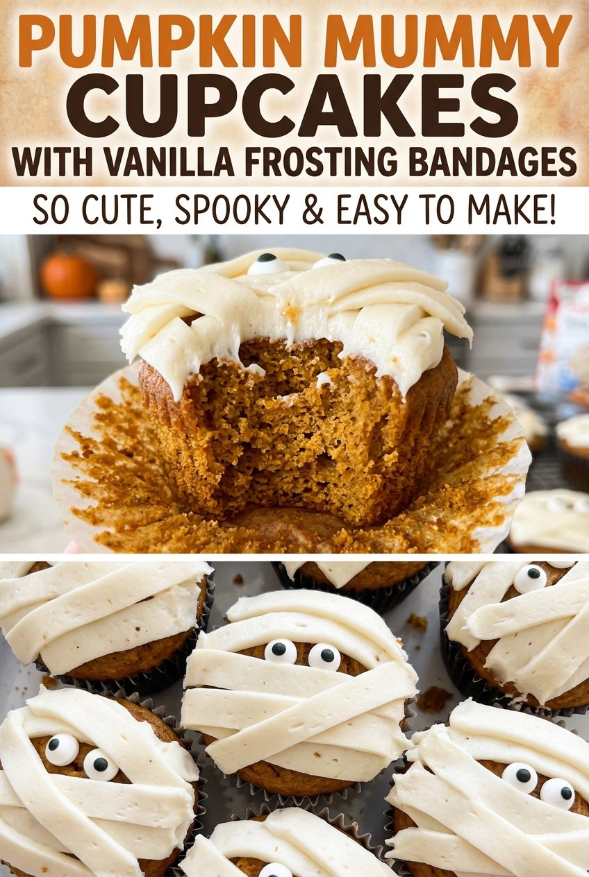 Pumpkin mummy cupcakes with piped vanilla frosting