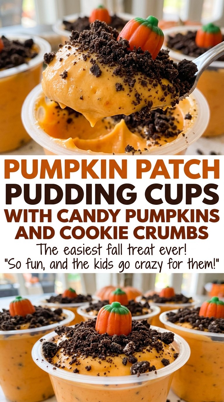 Pumpkin Patch Pudding Cups with Candy Pumpkins and Cookie Crumbs, smooth pumpkin pudding