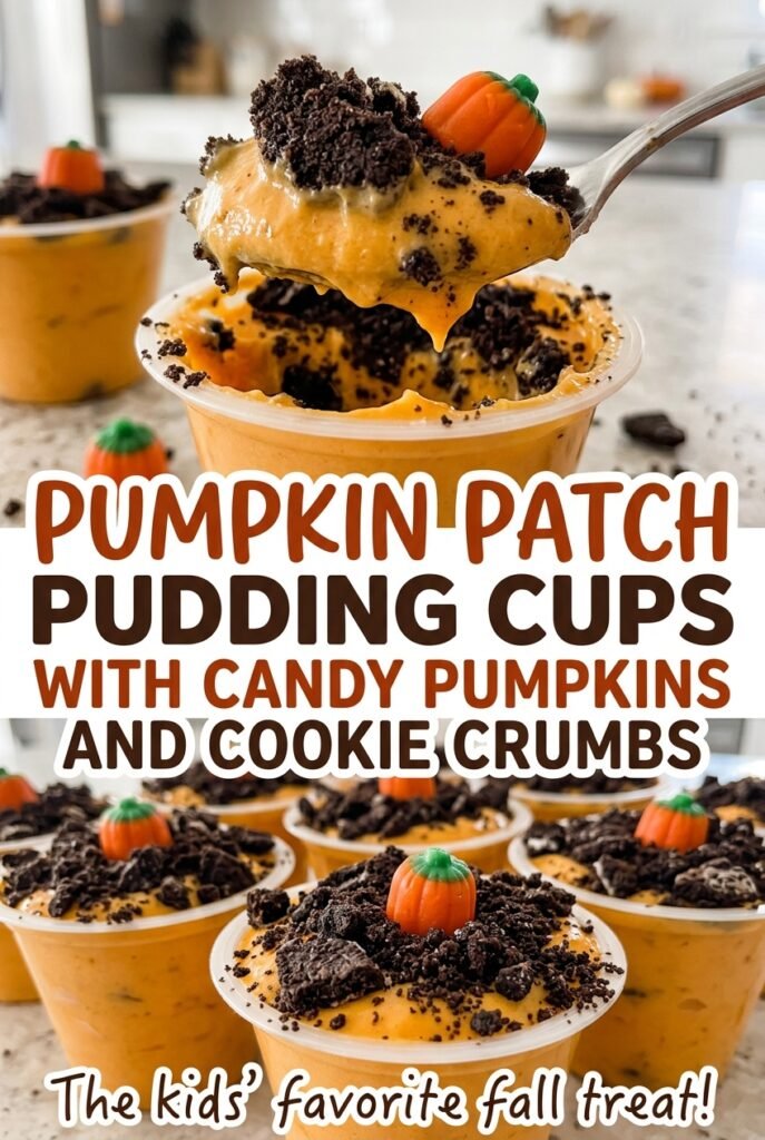 Pumpkin Patch Pudding Cups with Candy Pumpkins and Cookie Crumbs