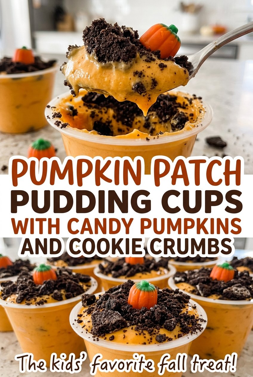 Pumpkin Patch Pudding Cups with Candy Pumpkins and Cookie Crumbs, creamy pumpkin layers