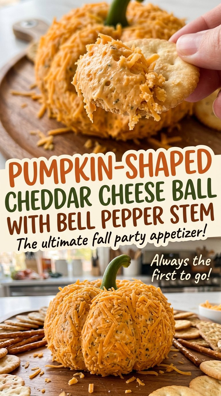 Pumpkin-Shaped Cheddar Cheese Ball with Bell Pepper Stem, paprika cheddar ridges