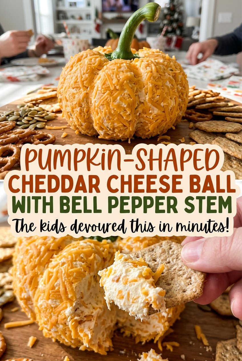 Pumpkin-Shaped Cheddar Cheese Ball with Bell Pepper Stem, ridged orange coating