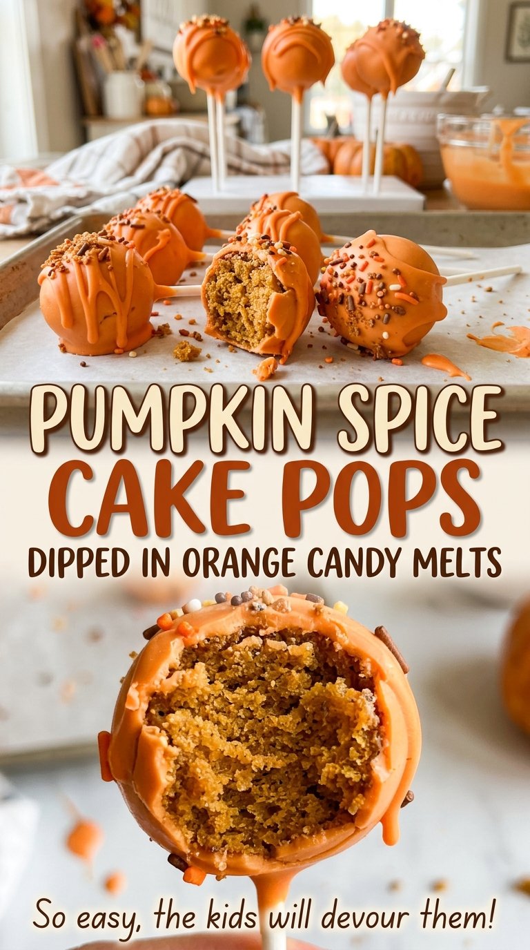 Pumpkin spice cake pops with glossy orange candy coating