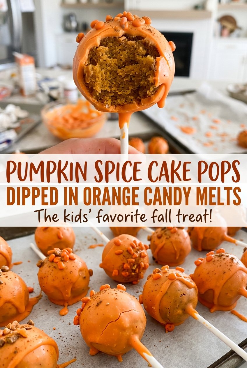 Pumpkin spice cake pops with glossy orange candy coating