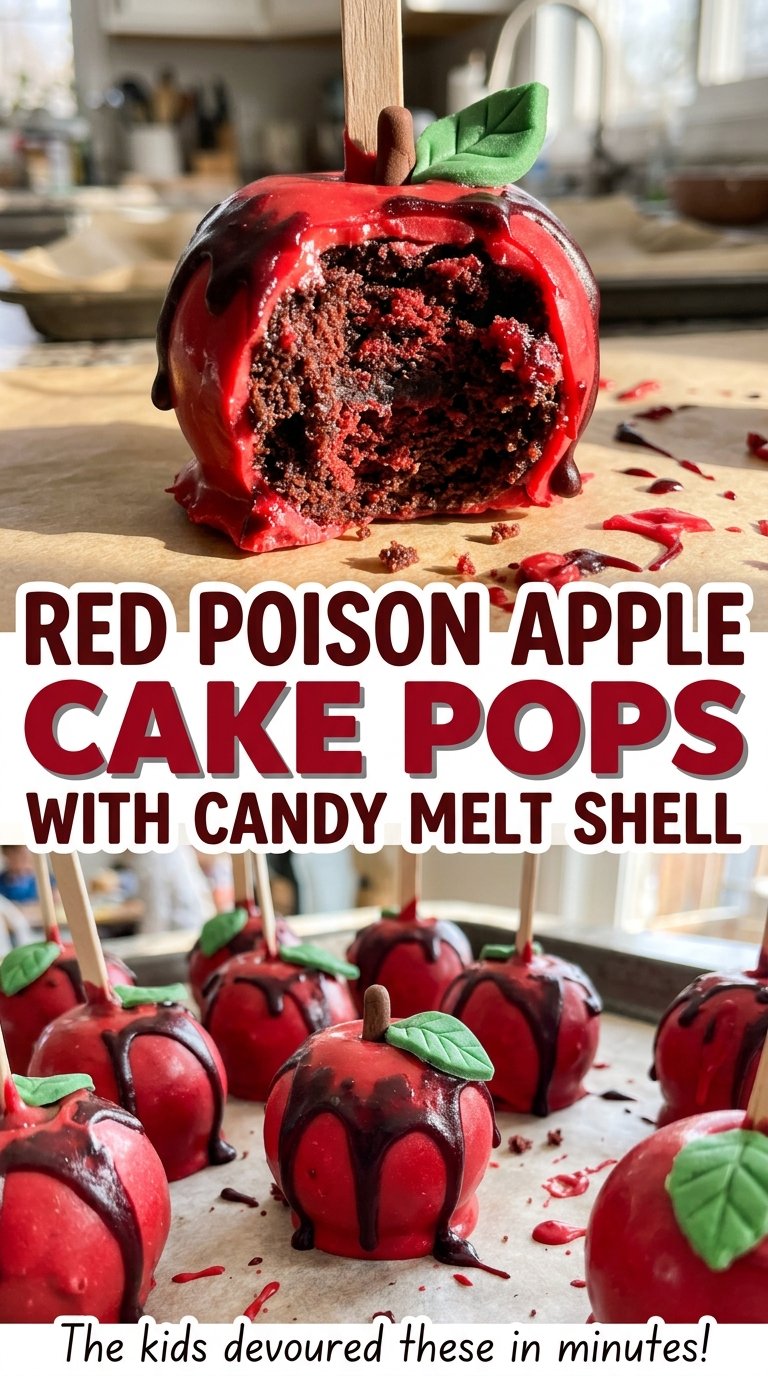 Red Poison Apple Cake Pops with Candy Melt Shell, black drizzle and pretzel stems