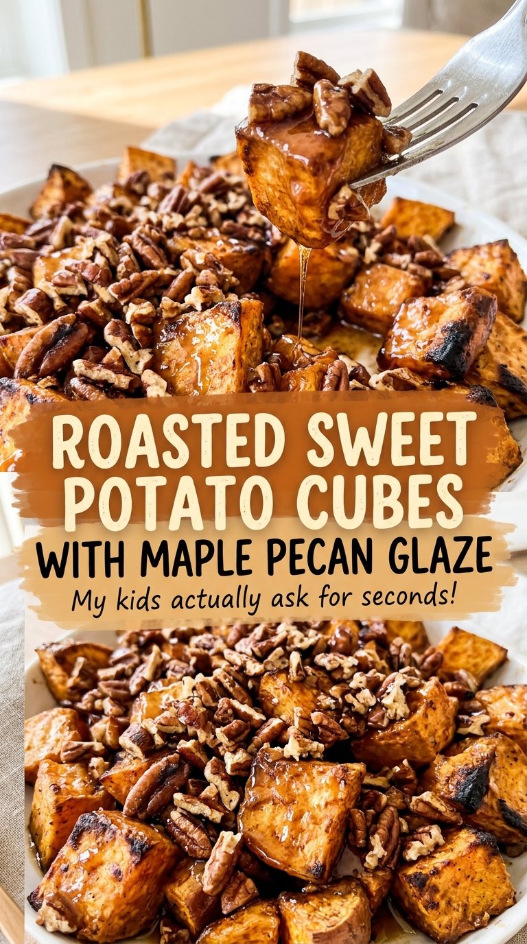 Roasted Sweet Potato Cubes with Maple Pecan Glaze, glossy maple pecans