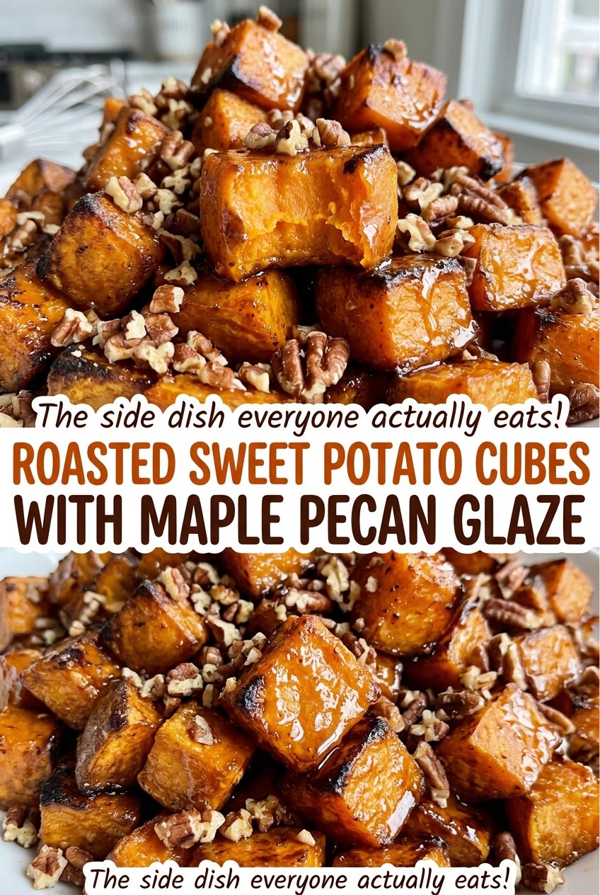 Roasted Sweet Potato Cubes with Maple Pecan Glaze, browned edges