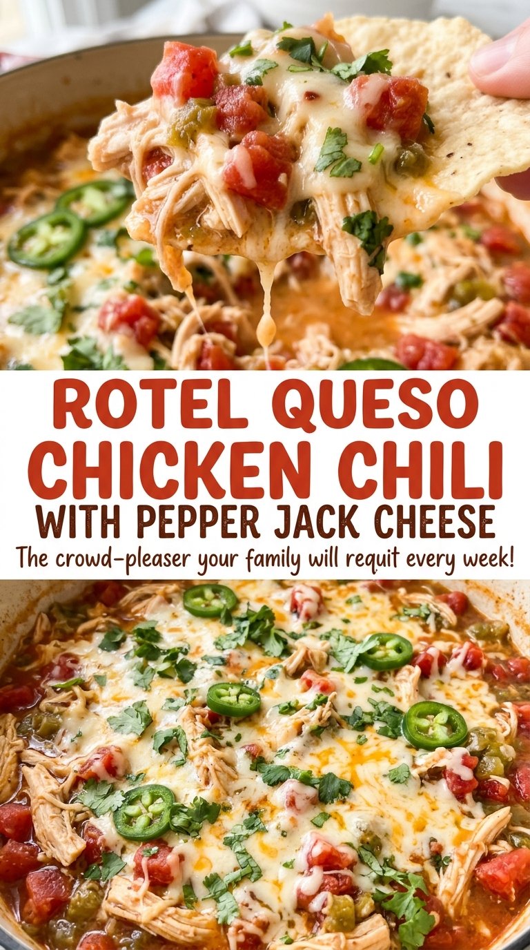 Rotel Queso Chicken Chili with Pepper Jack Cheese, creamy and hearty