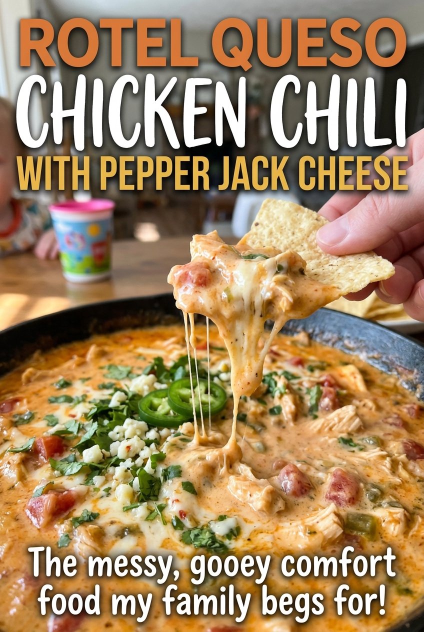 Rotel Queso Chicken Chili with Pepper Jack Cheese, creamy and hearty