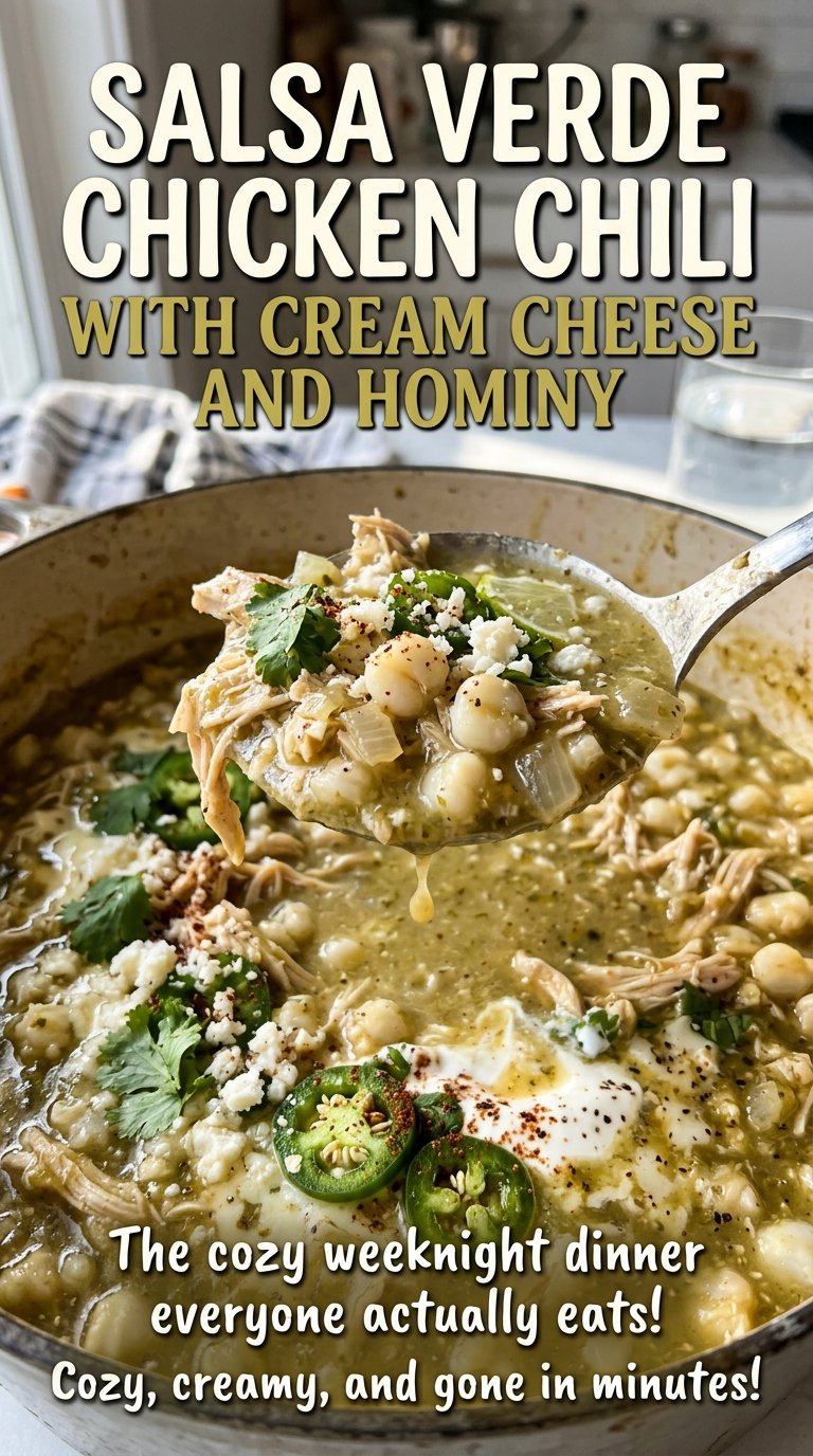 Salsa verde chicken chili with creamy hominy