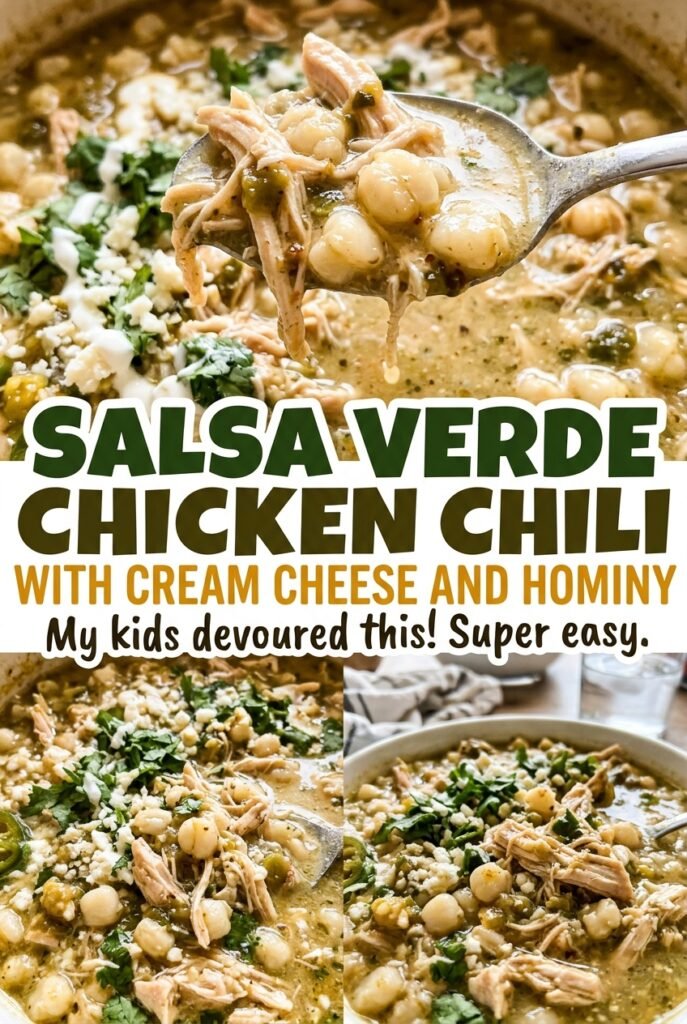 Salsa Verde Chicken Chili with Cream Cheese and Hominy
