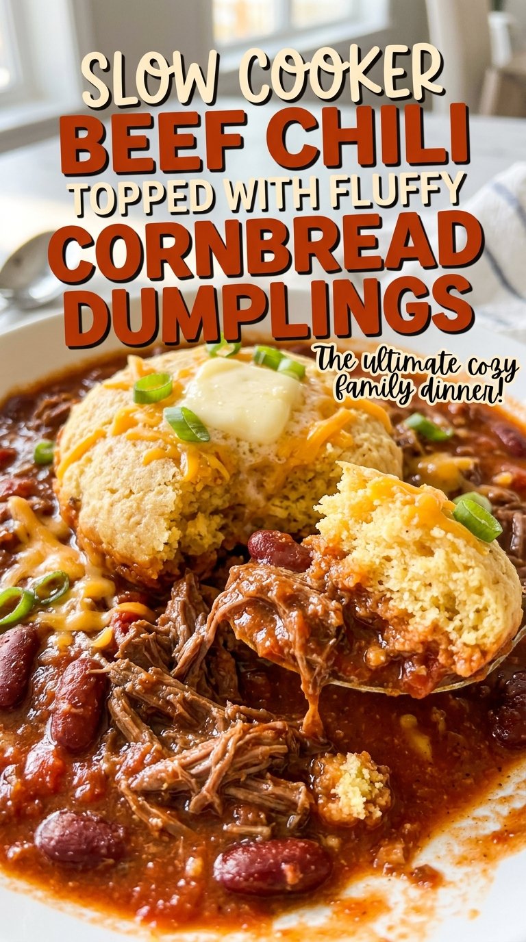Slow cooker beef chili with fluffy cornbread dumplings, hearty and golden