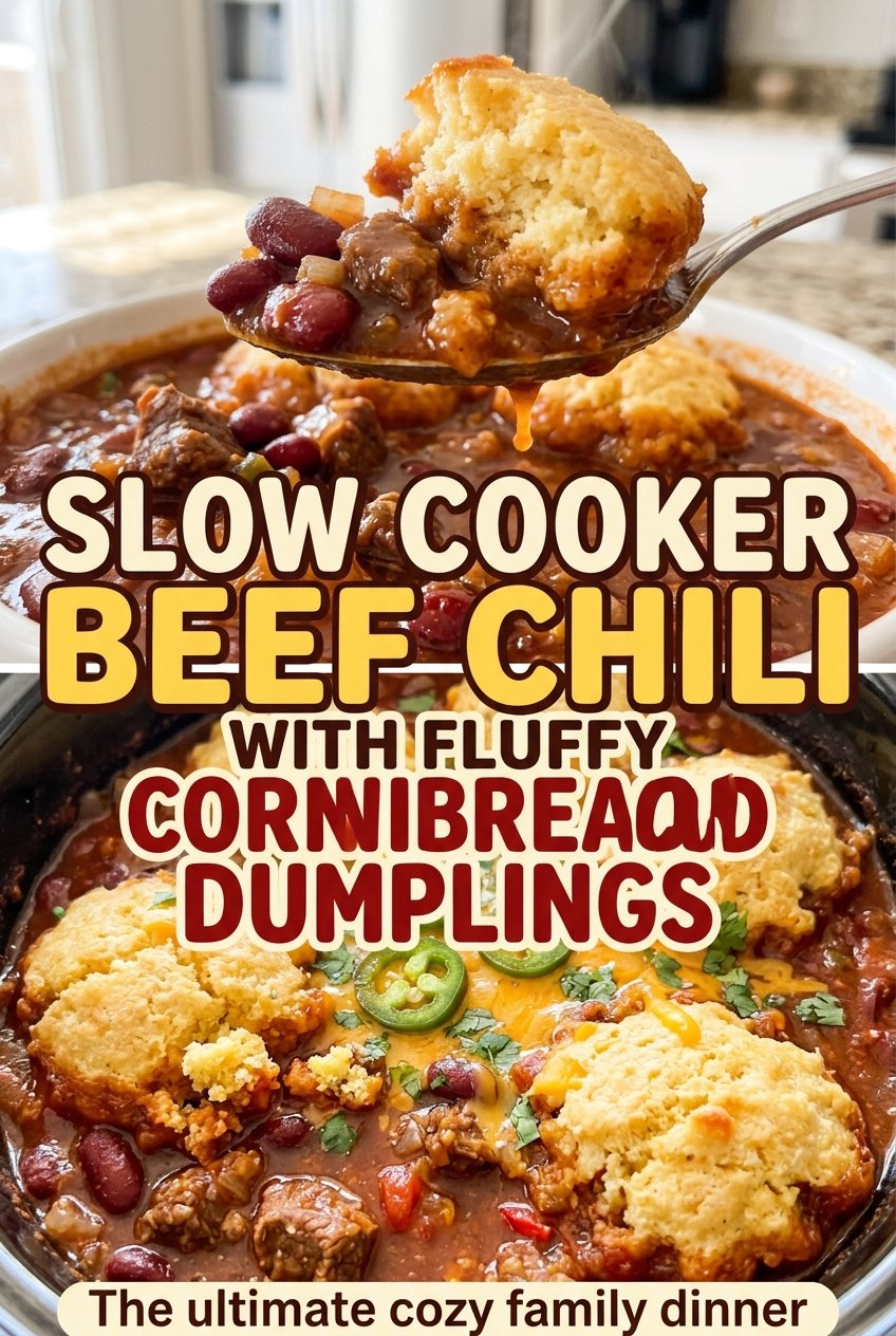 Slow cooker beef chili with fluffy cornbread dumplings, hearty and golden