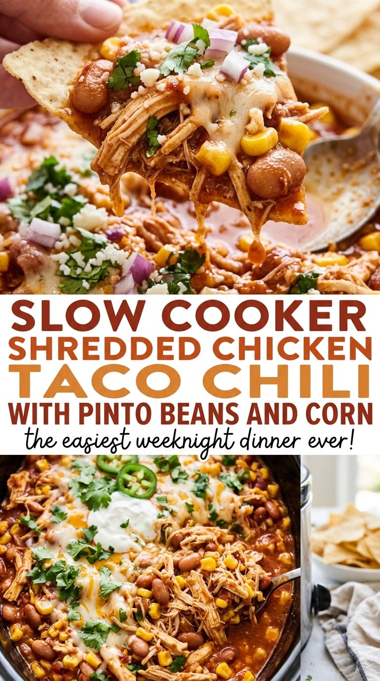 Slow Cooker Shredded Chicken Taco Chili with Pinto Beans and Corn, chunky and cozy